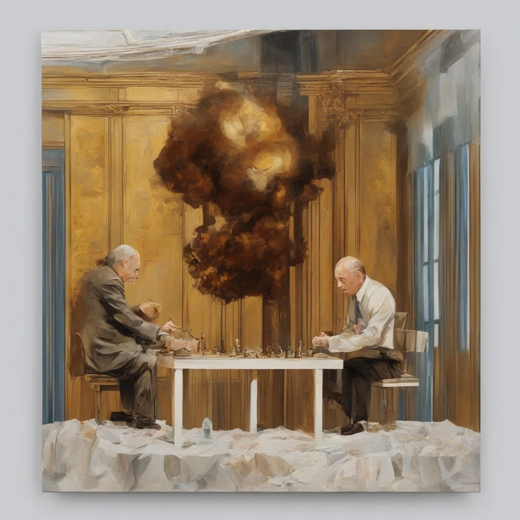 Putin, President Xi Of China And Joe Biden Play Chess With Atomic Bomb Mushroom Cloud,Complex Surgical Instruments Intermixed With A Newborn Boy,Minimalism,Painting By Adrian Ghenie,Rene Magritte,Pablo Picasso,Michelangelo,Salvador Dali,Lucian Freud