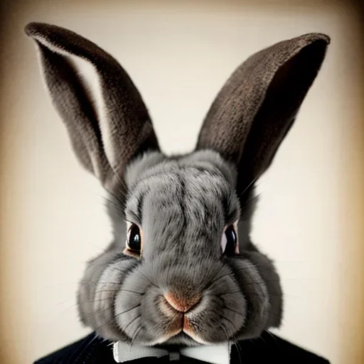 Grey lopped eared bunny portrait as Victorian hunter