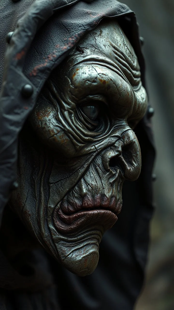 Busch painting style nightmare, a zoomed side view of a witch by his face skin is a rusted broken metallic skin texture in a 3d rendering full-height image of a grim and dark scene. Ensure the final images exhibit the utmost quality, encompassing 4K, 8K, and 64K resolutions, with 3D rendering that manifests in photorealistic, hyperrealistic, and highly detailed representations. Employ techniques such as HDR, UHD,