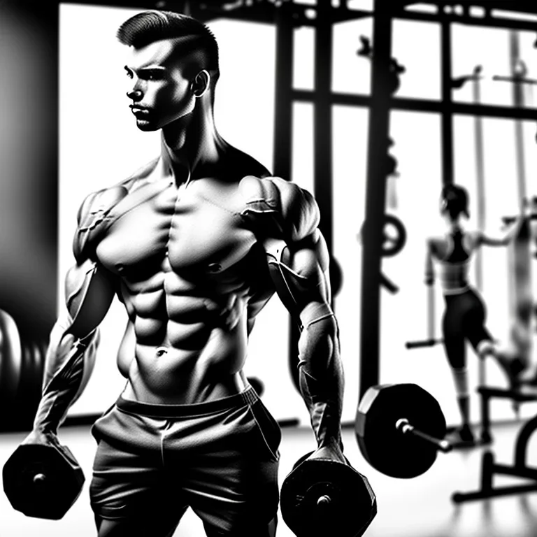 man with muscles lifting weights in a fitness studio, black and white only