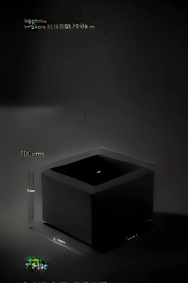 A mockup for a floating box with the measurements of 10 cm wide, 10 cm deep, 23 cm high , dark studio setting, black background