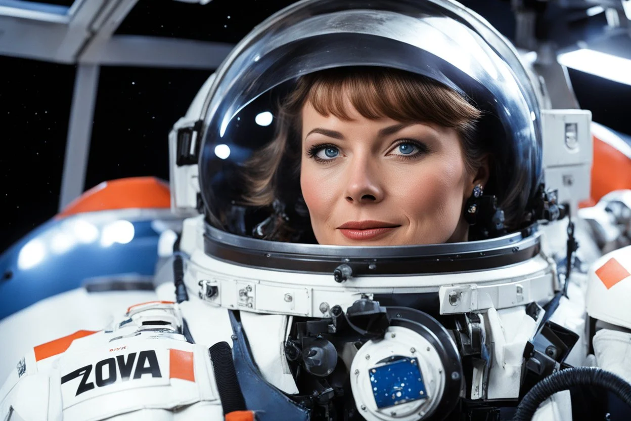 (high res photo by Jean-Claude Mézières) Zova, Space 1999, she is piloting the shuttle: view from the outside