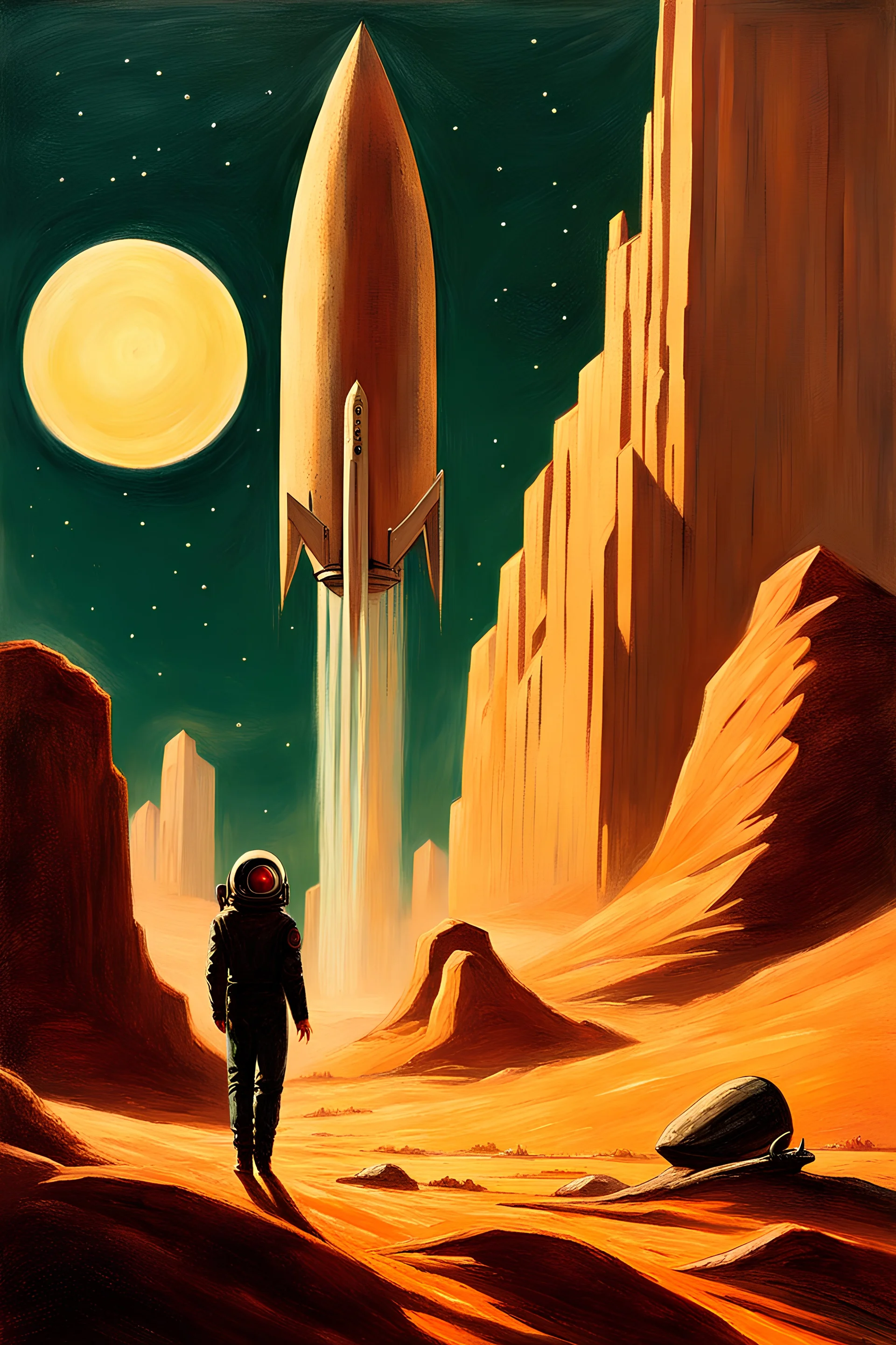 An oil painting in the style of the science fiction book covers from the 1960s. A small lone rocket streaks across the starry sky, above a vast desert landscape of sand and rock. In the distance, enigmatic skyscrapers and an exotic city on an undiscovered planet.