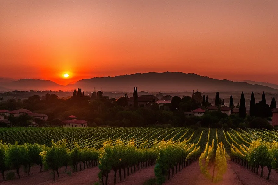 Vendimia de viñedos al atardecer con un pueblo al fondo, fotografía real, foto periodismo, fotografía realizada con una cámara Leica y un objetivo de 50mm
