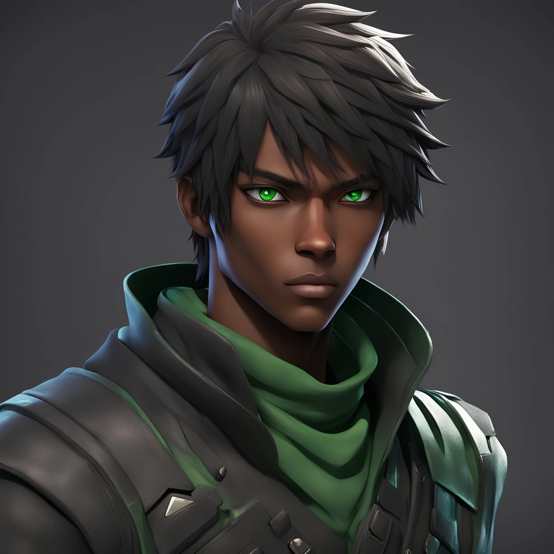 Assassin anime character, Hiro, with slightly dark skin and green eyes, with a background as an profile 3D graphical art