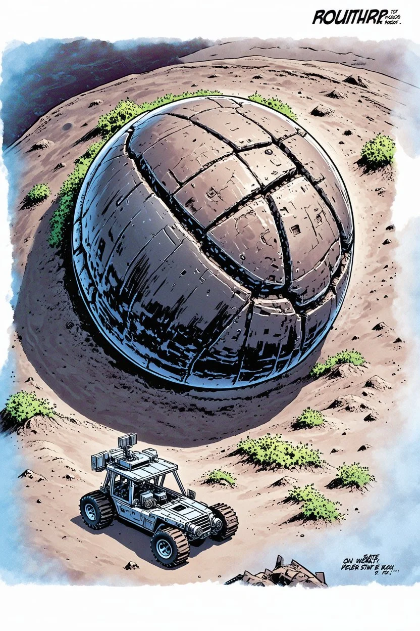 High-altitude lunar reconnaissance satellite image of a young impact crater with larger regolith along right ride. A massive damaged metallic alien sphere with fracture lines like an egg. organic growth across regolith and up crater walls. Along the lower frame edge a small modern bare-bones lunar-vehicle sits near the rim with visible wheel tracks. comic page pencils