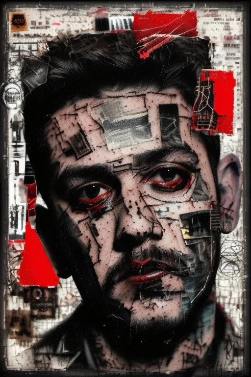 Ultra detailed medium portrait painting of a man, sitting on chair,ex-ganster in jail tattoos, rough look, bold, tear tattoo on face, mascara, evil look, chaos dark background,torn up collage of photo clippings, broken circuitry background, matrix effects, punk visual art, punk art aesthetic, graffiti art, pop surrealism, collage art, cluttered paint glitches