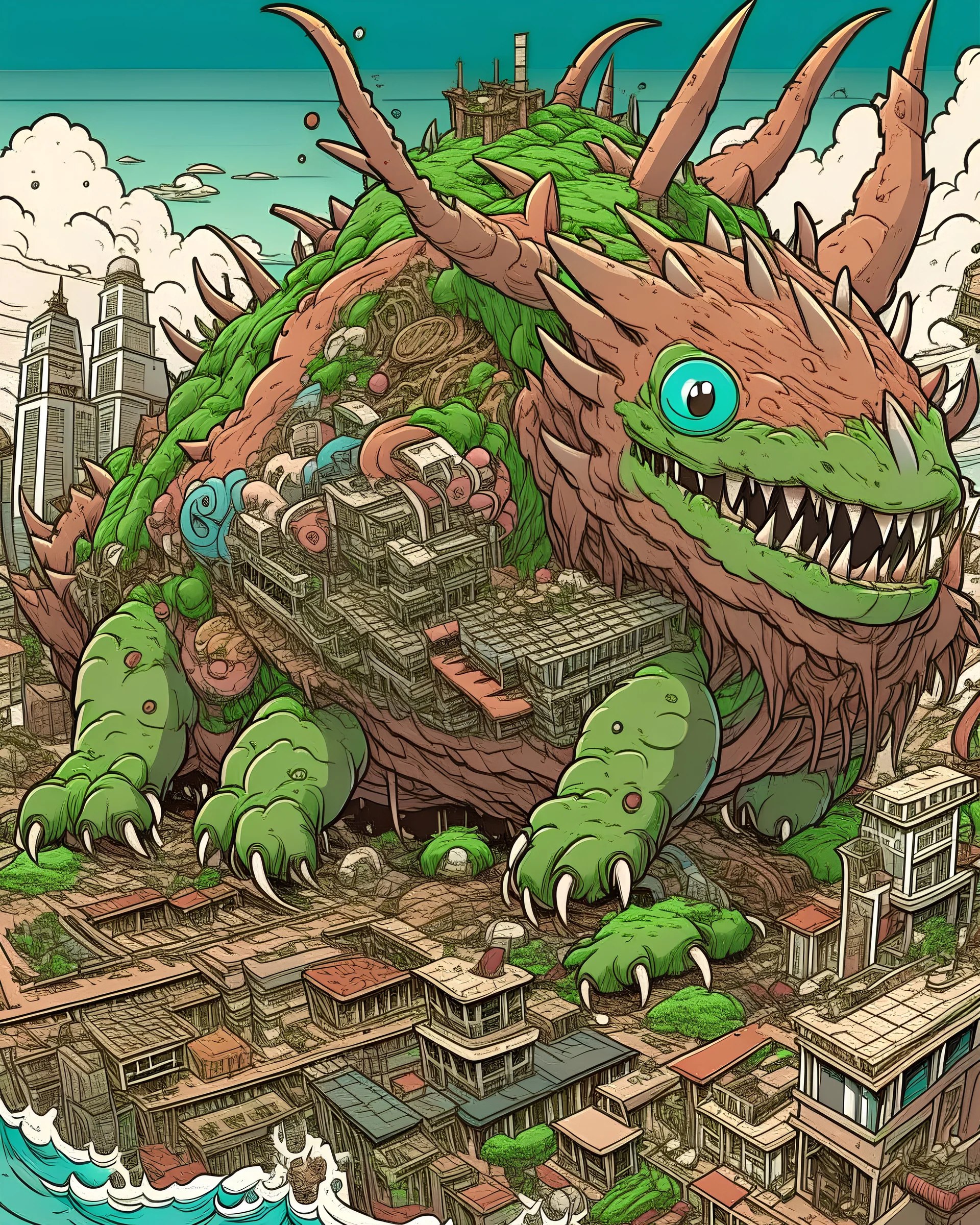 extremely detailed kuriboh as a kaiju monster destroying a city