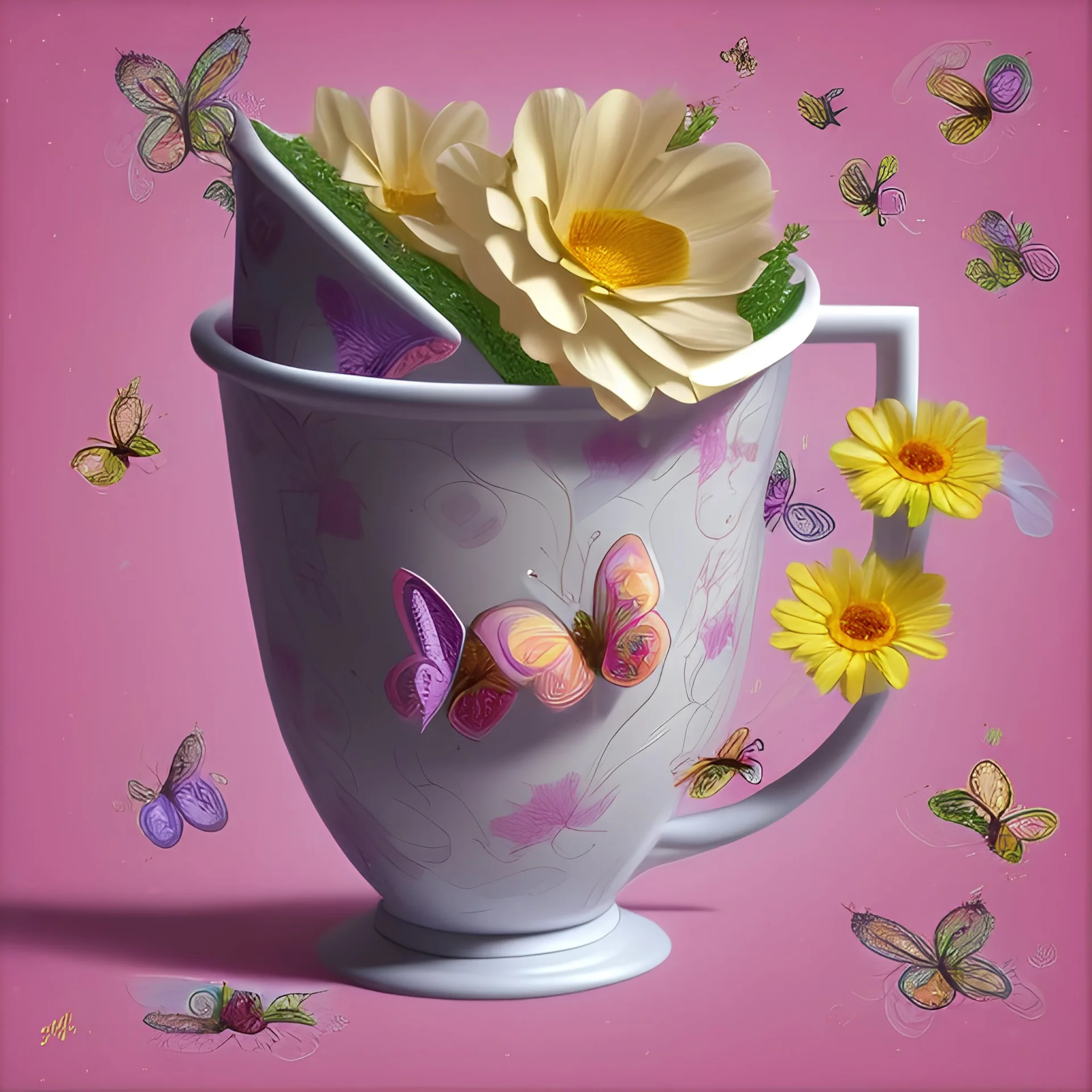 tasse mit blumen und schmetterlingen daran