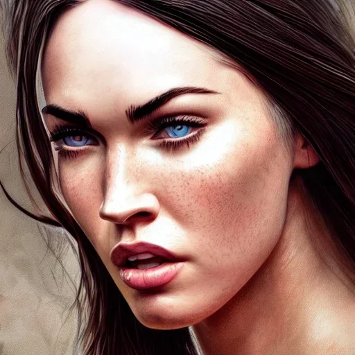 portrait of megan fox,Tele Photo Lens, au naturel, hyper detailed, digital art, trending in artstation, cinematic lighting, studio quality, smooth render, unreal engine 5 rendered, octane rendered, art style by klimt and nixeu and ian sprigger and wlop and krenz cushart.