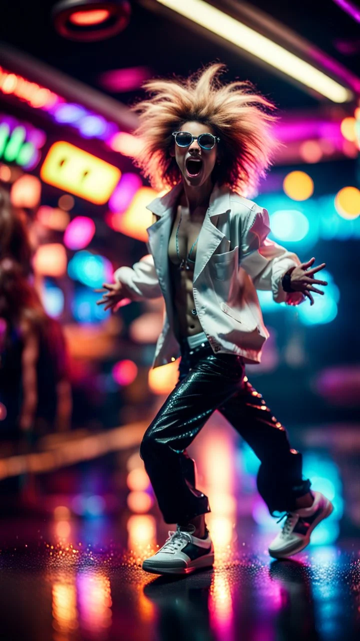 sexy stunt funky punk hippy hairy white skinned pimp tap dancer fashion gremlin in the middle of crazy dance moves dancing on buss parked in dark lit reflective wet arcade hall tunnel,bokeh like f/0.8, tilt-shift lens 8k, high detail, smooth render, down-light, unreal engine, prize winning