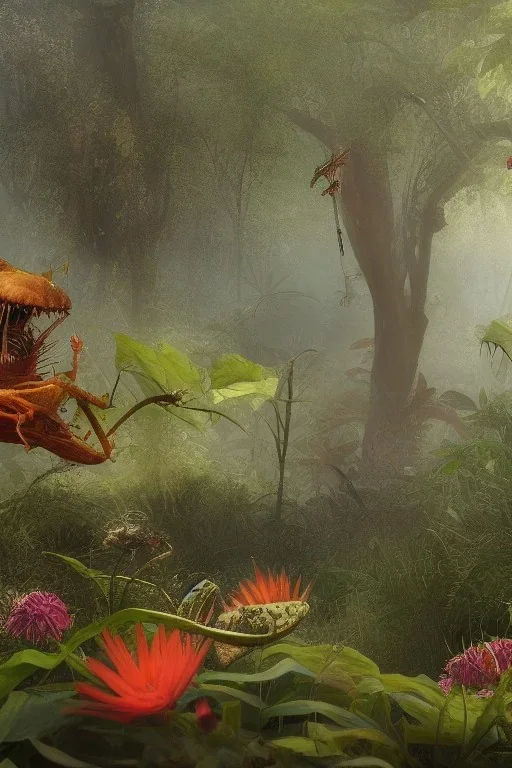 large venus fly trap with teeth eating a dragonfly, flowers, jungle, hyperrealistic, trees in background, digital art, alien like, disgusting, intricate, morbid, rainy, sinister, volumetric lighting, unreal engine, high resolution, 8k, depressing colors, dark colors, horror, horrific,