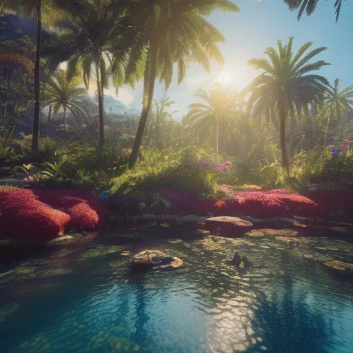 Paradise, nature, flowers, unreal 5, octane render, cinema4d, redshift render, hyper realistic, cenematic, vibrancy, synthwave, retouch, centered, dynamic lighting, dramatic lighting, 4k, highly detailed, attractive beautiful, realistic, virtual reality, epic composition, holographic,