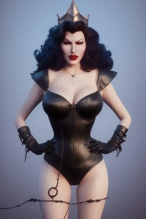 Rita Hayworth as evil queen in black leather, busty, cleavage, curvy, angry, stern look. character design by cory loftis, fenghua zhong, ryohei hase, ismail inceoglu and ruan jia. unreal engine 5, artistic lighting, highly detailed, photorealistic, fantasy