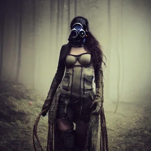 portrait of beautiful woman wearing ultra cyberpunk dystopian fashion, gas mask, ripped clothing, mist and fog, 8k, high-quality, ultra-fine detail, Brian Froud, Howard Lyon, Anna Dittman, Anne Stokes, Selina French, Greg Rutowski