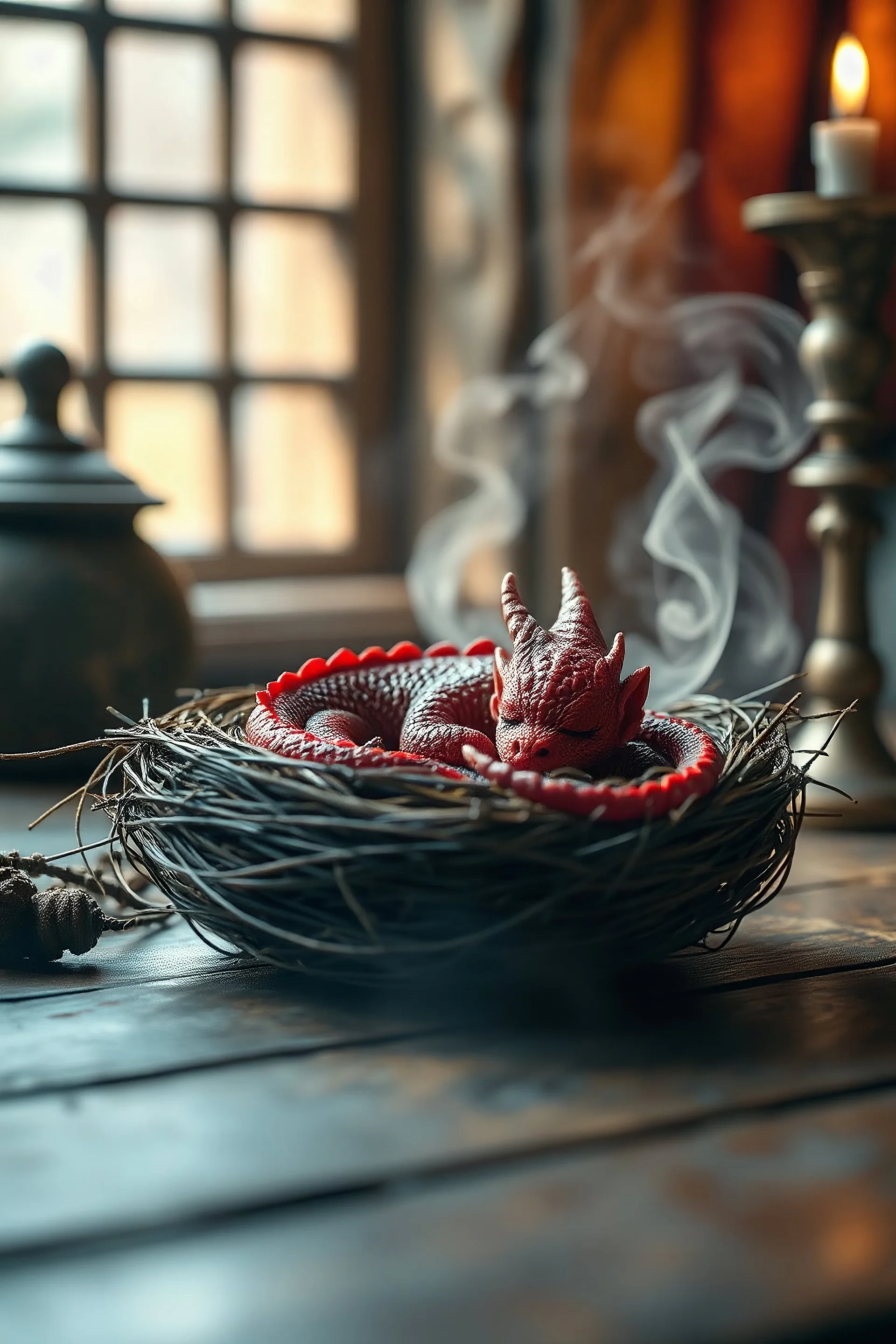 demon [A tiny red dragon sleeps curled up in a nest on a medieval wizard's table]. Shot with a macro lens (f/2.8, 50mm) and a Canon EOSR5, the soft focus captures [the cozy morning light filtering through a nearby window]. The pastel colors and whimsical steam shapes enhance the serene atmosphere, evoking a DnD RPG setting. The image is rendered in 16K and 8K, highlighting [the intricate details and medieval charm]