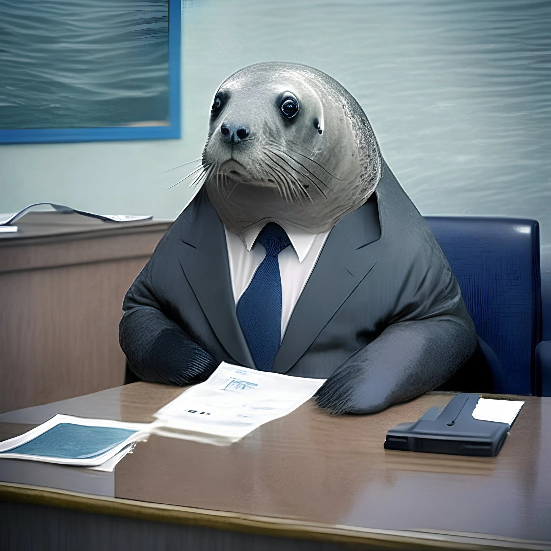 Worried seal in office suit doing his tax return