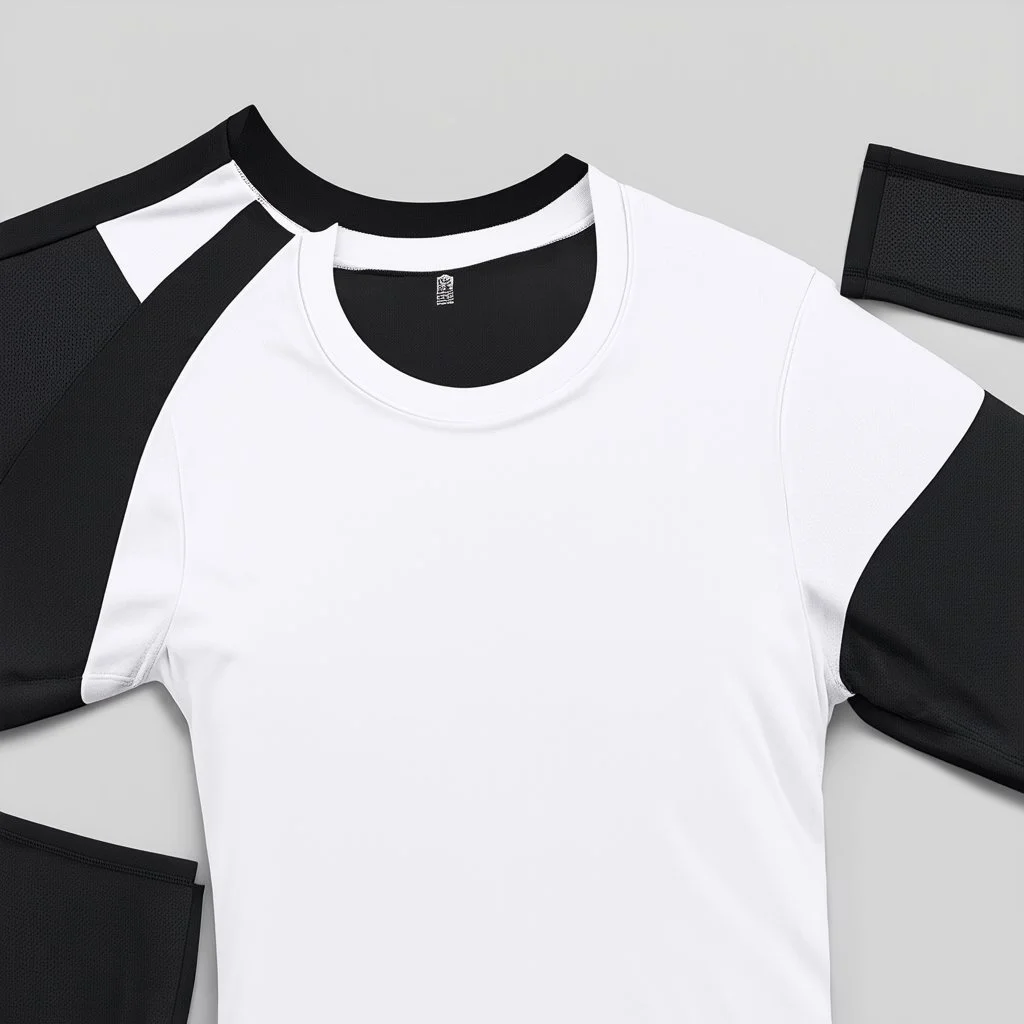 Folded traning T-shirt, top view, flat lay, realistic, male active wear, black breathable material, short sleeves round neck