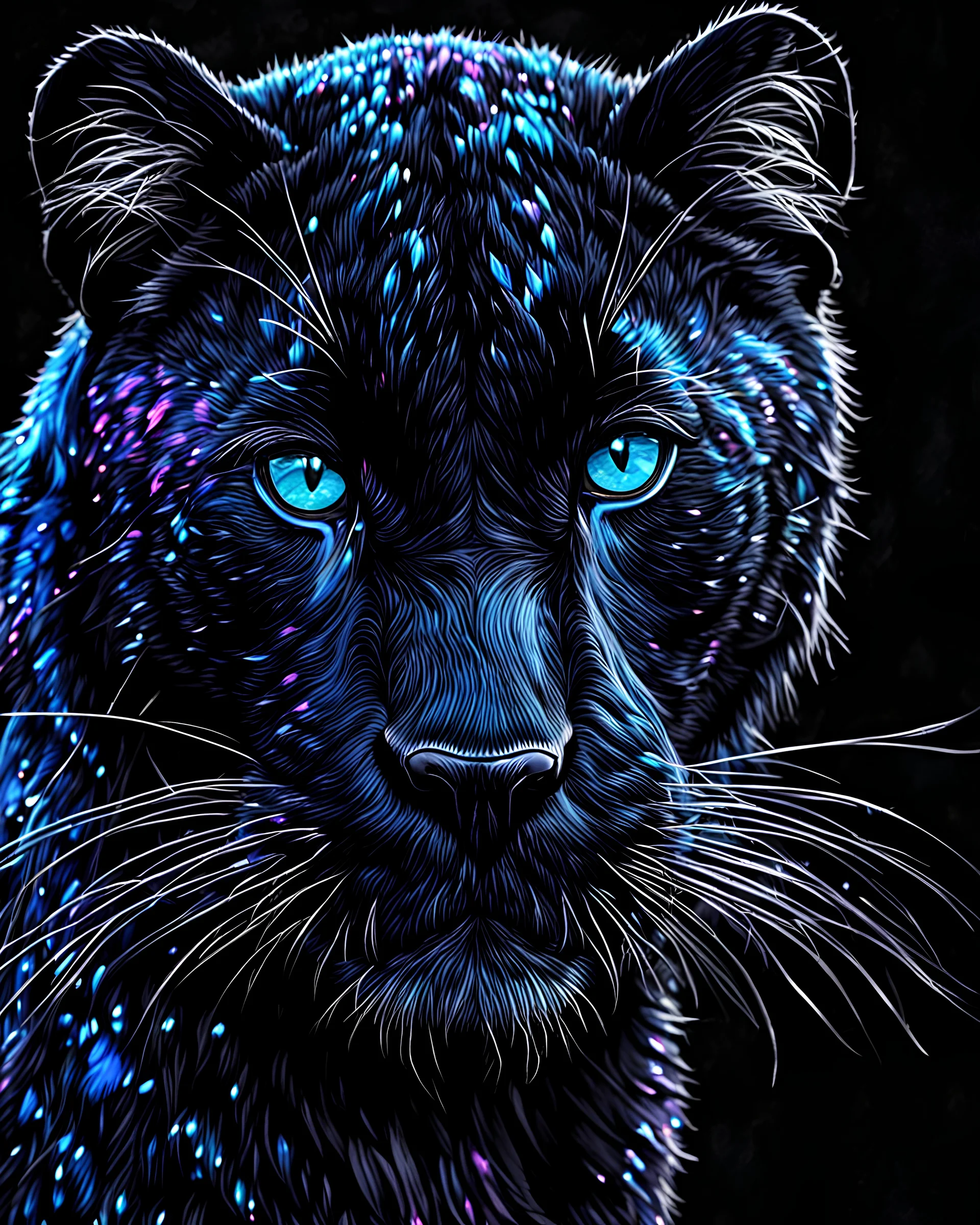 Pastel drawing, furry black panther, blue eyes, dark background, ultra hd, realistic, vivid colors, highly detailed, UHD drawing, pen and ink, perfect composition, beautiful detailed intricate insanely detailed octane render trending on artstation, 8k artistic photography, photorealistic concept art, soft natural volumetric cinematic perfect light