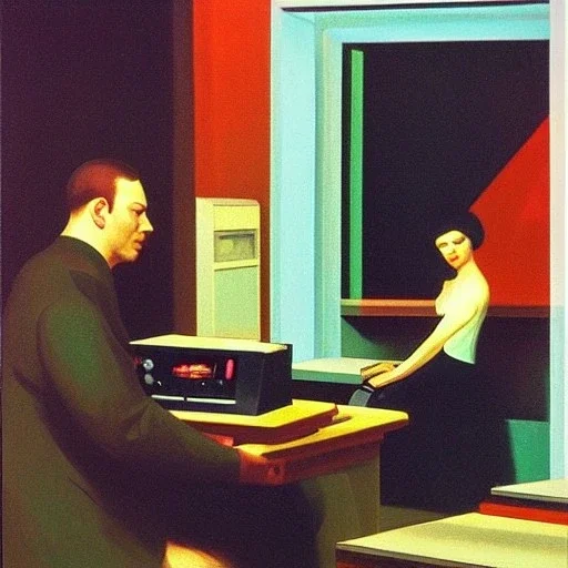 A man in Soviet Russia playing with a synthesizer and a tape machine in the style of Edward Hopper.