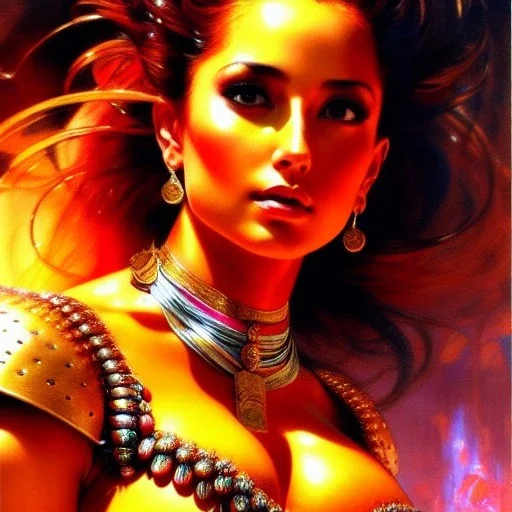 Drawing of beautiful face,'beautiful,Busty fit PoweGirl',intense stare, ancient skintight armor, balanciaga fashion clothe painting by gaston bussiere, greg rutkowski, yoji shinkawa, yoshitaka amano, tsutomu nihei, donato giancola, tim hildebrandt, Oil on canvas, cinematic composition, extreme detail,fit full head inside picture,16k