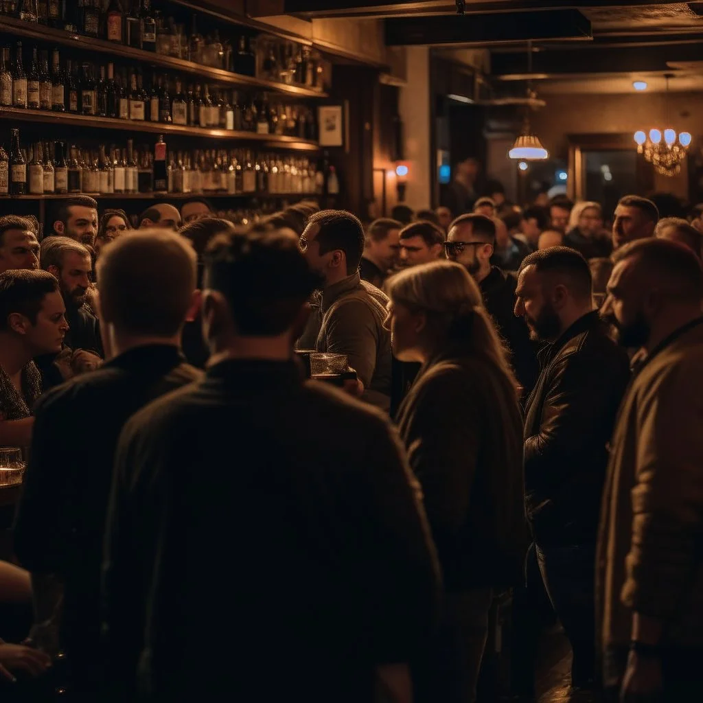 a crowded bar at night, lots of people, focus on a lonely person against the wall