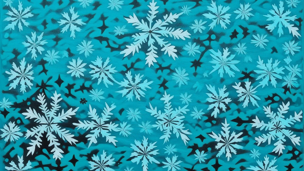 A cyan snowy tundra with falling snowflakes designed in Navajo baskets painted by Frank Wilson