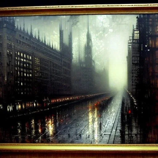 Skyline,unrealistic city,Gotham city,Neogothic and NeoFascist and Neoclassical architecture German Expressionism by Jeremy mann, John atkinson Grimshaw," "