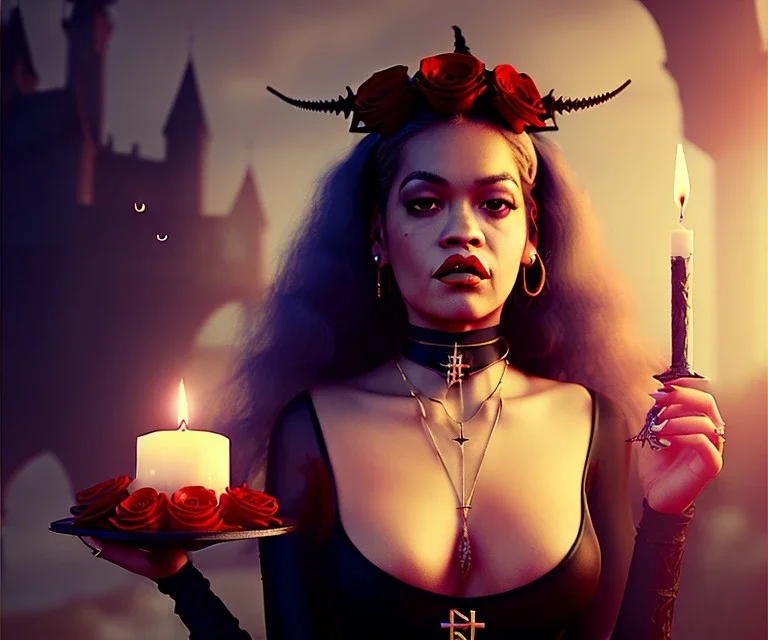 Rita ora, 1800s, witchcraft, long curly black hair, choker, pentagram, holding black rose, Victorian dress, headdress, blood, candle burning, castle