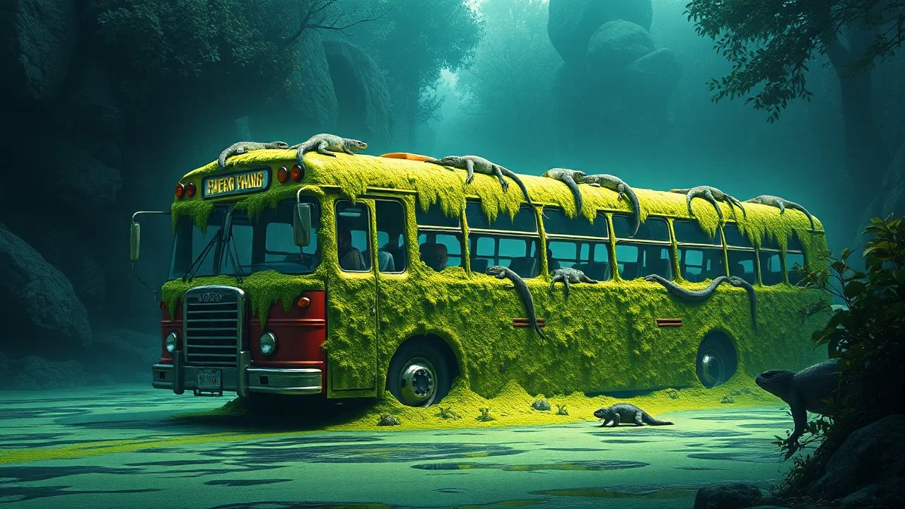 Surreal concept art, a bus covered in vibrant green algae with reptiles crawling on it, contrast between nature and man-made object, detailed textures and lighting, by Alex Andreev, trending on Artstation