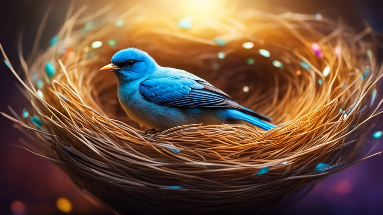 Strange colorful little bird breaking out from an egg, in a nest, fantasy, futuristic, exquisite body, striking little head, happy, intelligent, calm, thoughtful, friendly, attractive, beautiful volumetric lighting, attractive composition, photorealistic, bokeh blur, extremely detailed, chiaroscuro