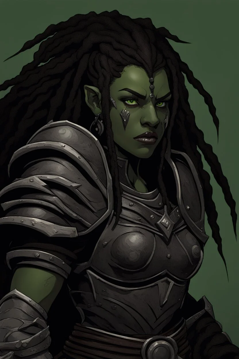 dungeons and dragons character portrait of a very strong and big beast human female warrior wearing black armor with black skin and dreadlocks and thick eyebrows and big nose and big fangs and green eyes and visible tusks