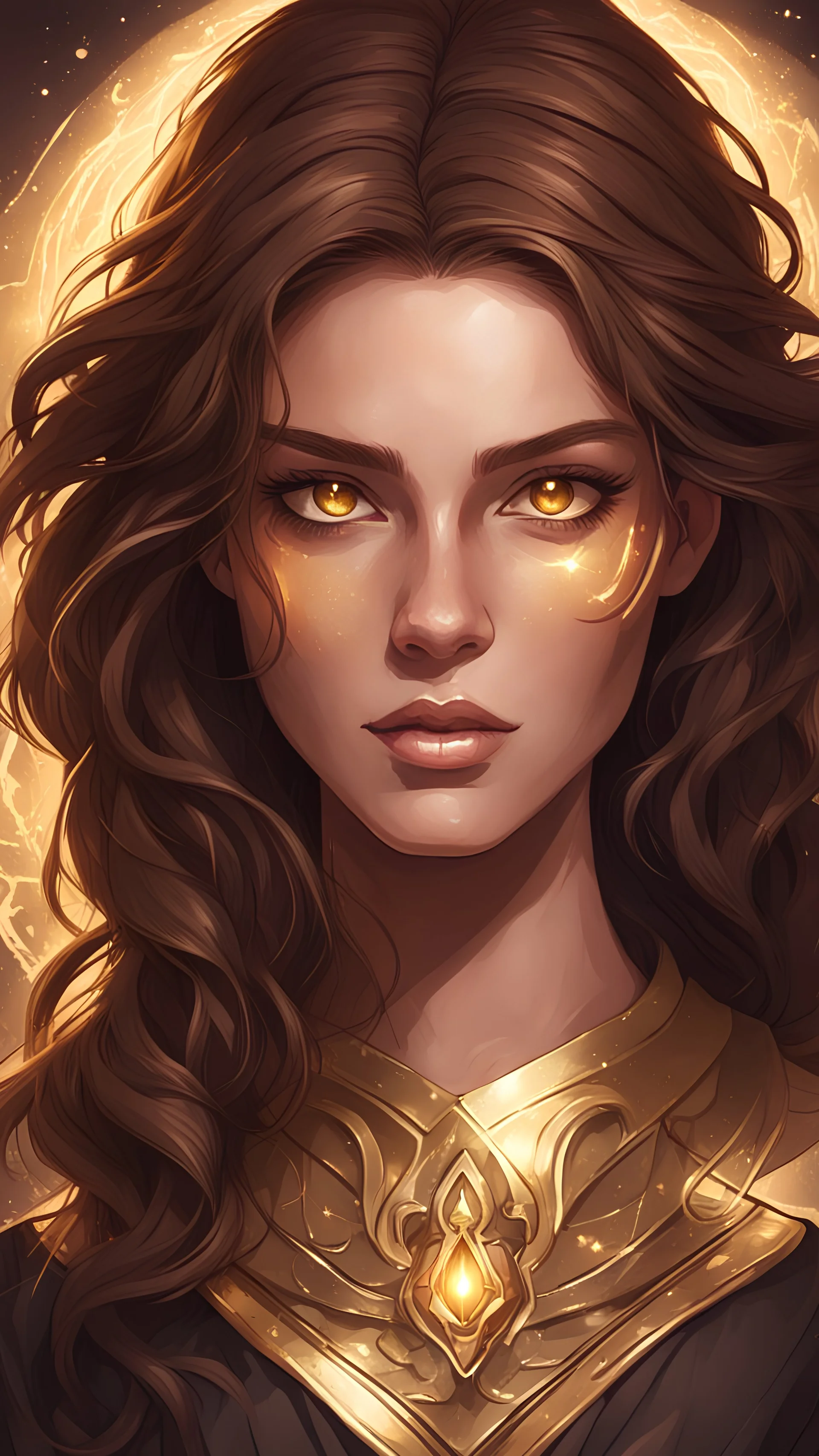 Young woman in arcane art style. Brown hair and gold eyes, Light brown skin