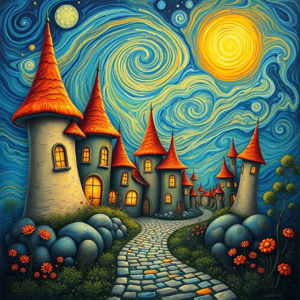 A whimsical fantasy painting inspired by Van Gogh's swirling style, depicting an enchanting magical village with organic, mushroom-like towers topped with vibrant orange and reddish conical roofs. Curved walls and glowing windows radiate warmth and life. The dramatic sky swirls with deep blues and bright yellows, featuring two radiant celestial bodies casting golden light. Spiral motifs and flowing curvilinear elements fill the composition, creating a dreamlike atmosphere. A cobblestone path in