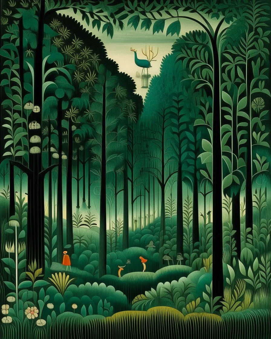 A blackish teal forest with a fairy kingdom designed in German folk art painted by Henri Rousseau