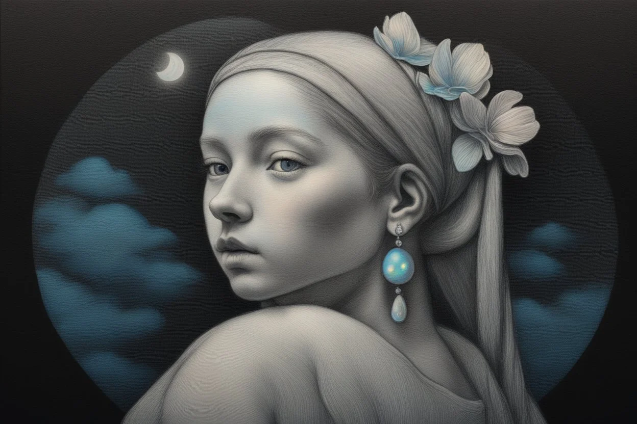 flower cut, girl with pearl earring S<AI in moonlight, shaded pastel and charcoal drawing, bioluminescent, holographic