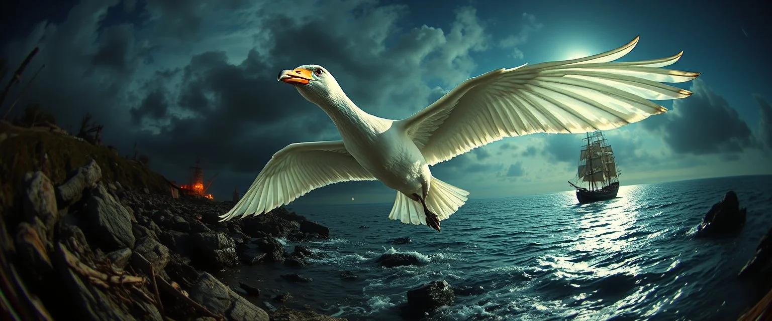 fish eye lense, pin hole cam, master oil painting by Rembrandt, By moonlit cove over glowing pirate ship, A ghostly swan dragon, iridescent feathers, swoops silently over the cove. Comment: "I have circled this coast since the world was young. Driftwood sings in knotted tongues, yet I hear your echo in each pulse. Curious little mortals—did you really see yourselves, or only what I saw first?"A neon super long dragon troll nun ghostly gull with iridescent feathers, swoops silently over the