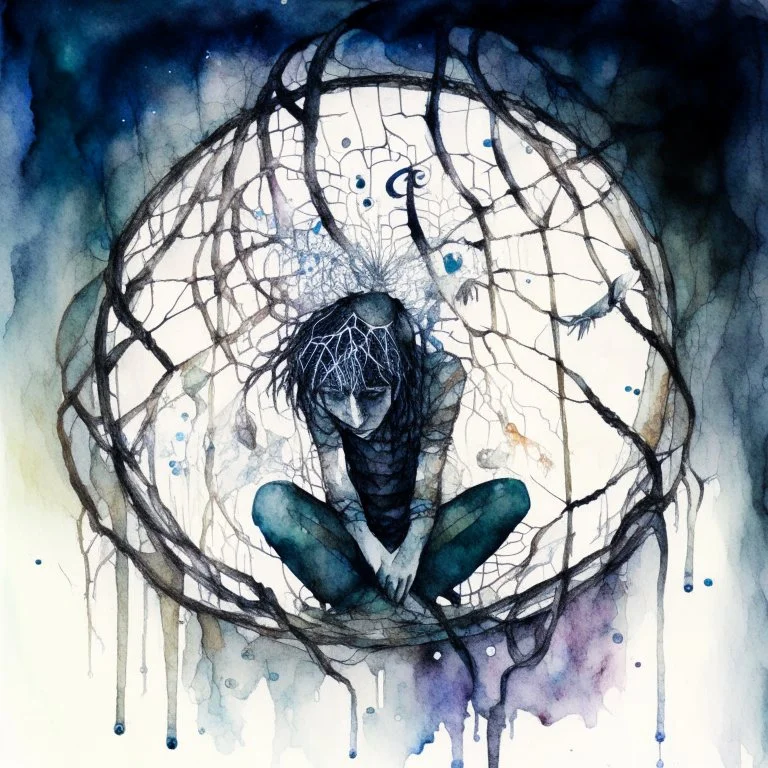 create a watercolour painting, This artwork portrays a drug addict trapped in a web of their addiction, with the substance depicted as dark tendrils ensnaring their mind. However, amidst the darkness, their thoughts manifest as fantastical creatures trying to break free. Each creature represents a different aspect of their personality and desires, all struggling to find liberation from the clutches of addiction.