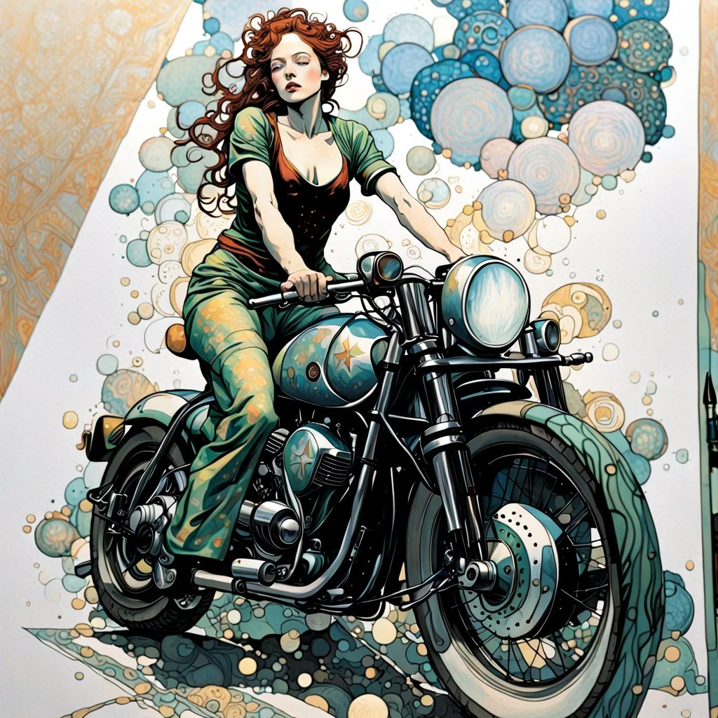 create a highly ethereal, darkly magical full body illustration of a girl on her motorcycle, with highly detailed and deeply cut facial features, in the style of GUSTAV KLIMT, EDWARD BURNE-JONES, WILLIAM MORRIS, and KATHE KOLLWITZ combined with the comic art style of BILL SIENKIEWICZ and JEAN GIRAUD MOEBIUS, searing lines and forceful strokes, precisely drawn, inked, and darkly colored