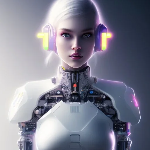 A cute portrait of a cyborg girl white neon color scheme, high key lighting, volumetric light high details psychedelic background