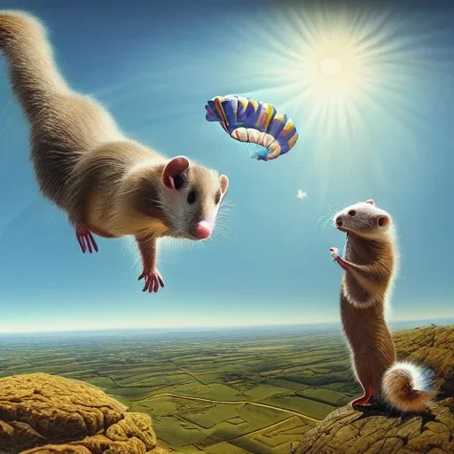 ferret wearing jumpsuit and parachute, skydiving, sunlit sky, intricate, ultra-fine detailed, 8k, detailed matte, high-quality, 3d, realistic, midjourney style, George Grie, Anne Dittman, Anne Stokes, Lisa Parker, Selina French