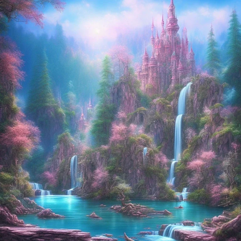 turquoise river, sun, waterfalls, pink fairy castle