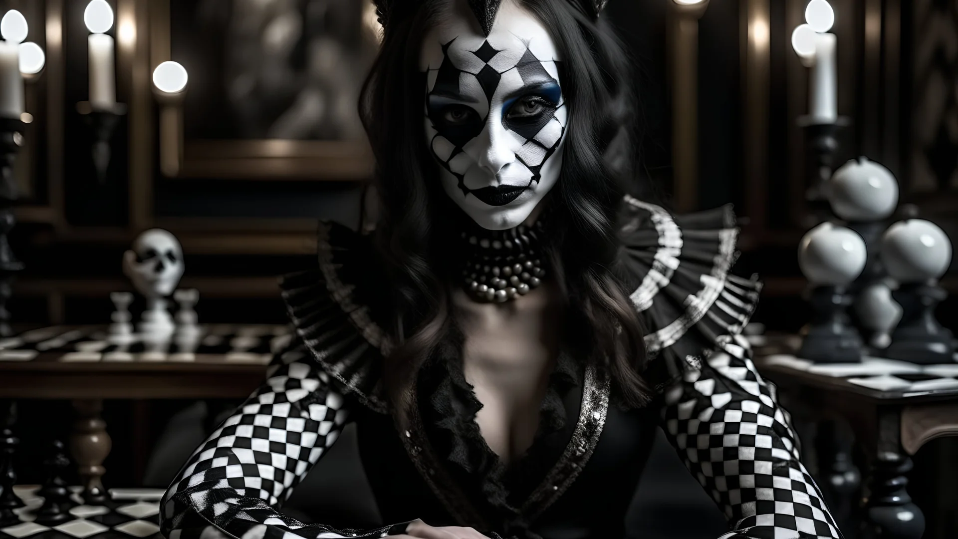 MASKED WOMAN WITH MYSTERIOUS EYES IN A TIGHT BLACK PERIOD COSTUME WITH WHITE LACE RIBBONS, IN FRONT OF A CHESS TABLE WHOSE PIECES ARE STRANGE BIOMORPHOIC CREATURES, CLOSE-UP ON A FOOT DARK BACKGROUND