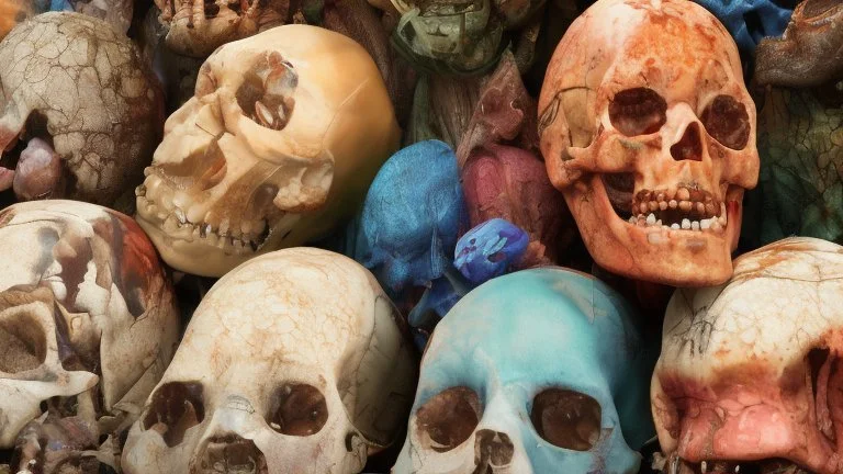 a picture of a dark, comedic, anatomically correct wall of colorful tightly packed skulls of varying sizes and expressions, photo realistic, insanely meticulous, highly detailed, part of a collection of bones on display, 64k, dystopian, vray