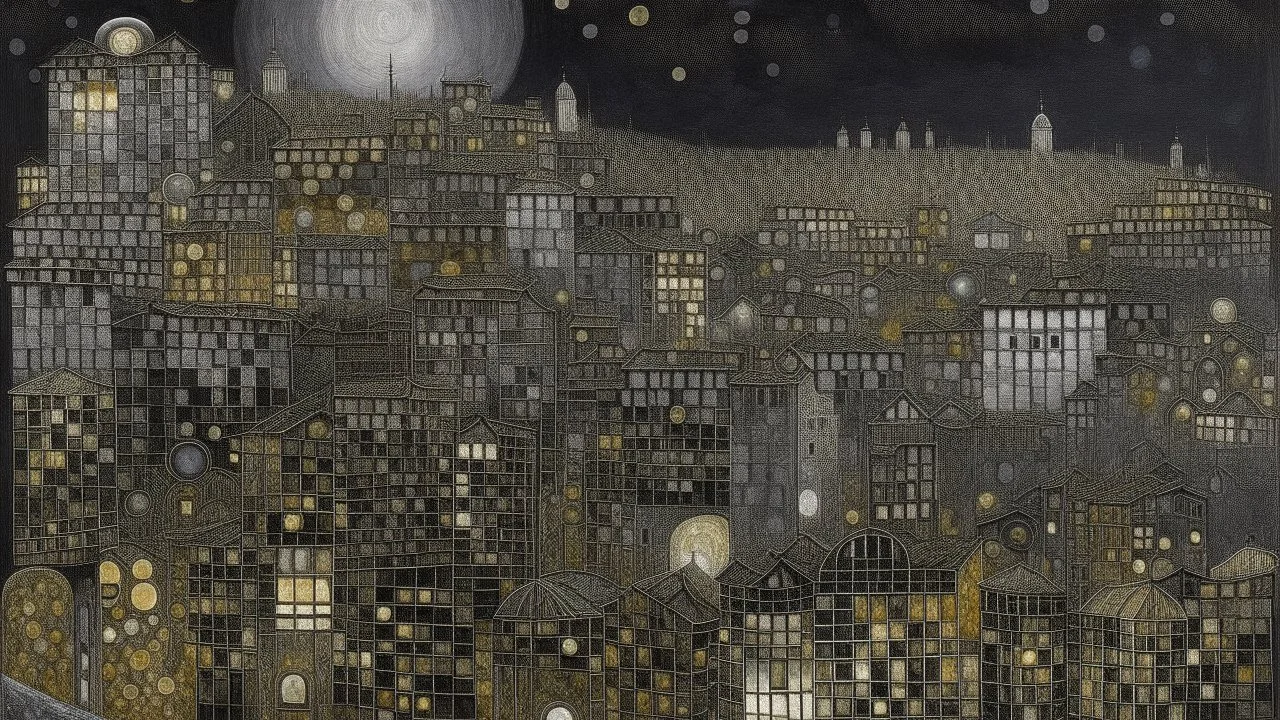 A gray city at night made out of metal painted by Gustav Klimt