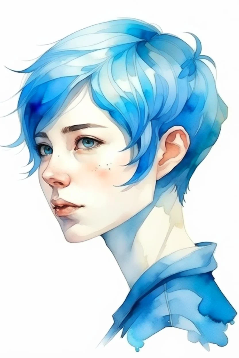 Watercolor short blue hair female portrait