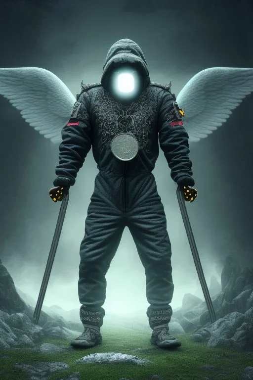 running berserker portrait , no face, black jogging suite , in the night Alps , holding coins , angels background, volumetric light, high detail, dark leaf tree, dark mountains in background, perfect, HR Giger style