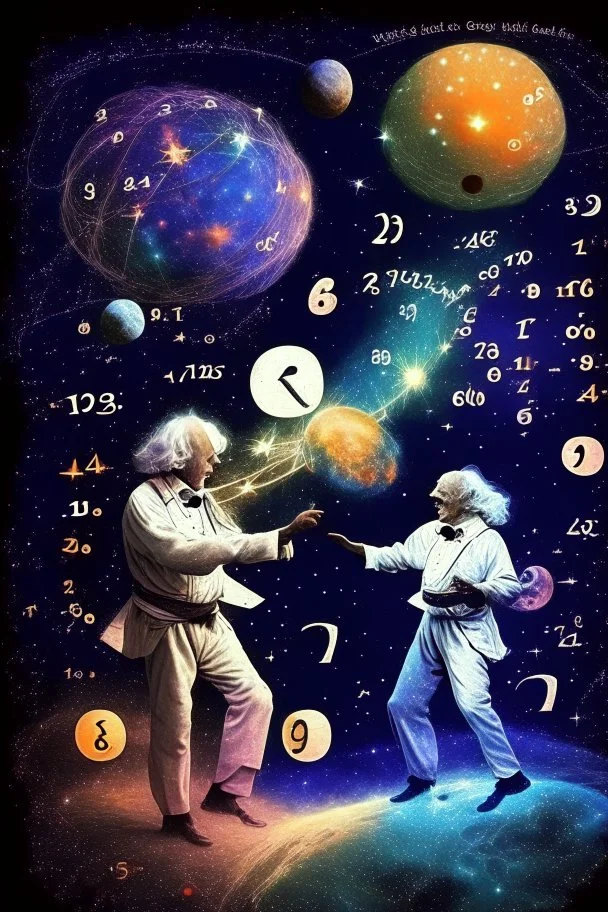 Albert Einstein and Richard Feynman playing with numbers & atoms in outerspace with planets, cosmic gas, stars, moons, and comets dancing around them