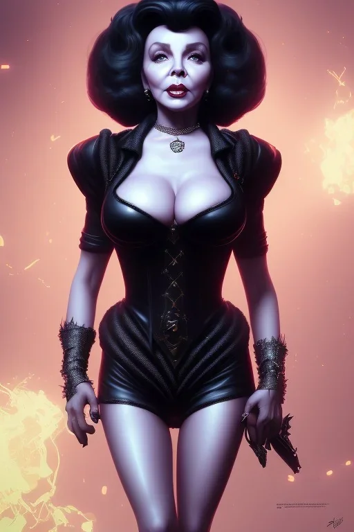 Joan Collins as evil queen in black leather, leather, busty, cleavage, angry, stern look. character design by cory loftis, fenghua zhong, ryohei hase, ismail inceoglu and ruan jia. unreal engine 5, artistic lighting, highly detailed, photorealistic, fantasy