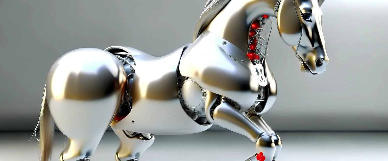 A robotic horse with an Apple logo called “iBots”, suggesting it’s made from an Apple product’s casing. Its glossy white and silver limbs are mechanically jointed, reflecting a scarabet’s anatomy. The design is a creative fusion of technology and organic form, compactly labeled “ibots.” Hyper detailled, hyper realistic, 4K, sharp render